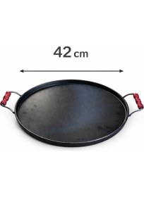 Resim 42 cm Kenarlı Kavurma Sacı - Geleneksel Et Sacı-Tahta Kulplu Kara Sac Tava 