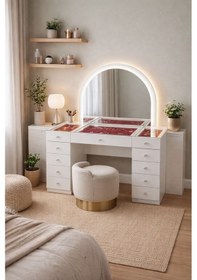 Resim Aynalı Makyaj Masası, Lavin Cam Üst Bölmeli Takı Düzenleyicili Şifonyer Beyaz 