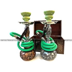 Resim Polyester Kaplama Ahşap Çantalı Küçük Nargile Takımı İçimlik Set 