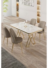 Resim Canisa Vals Serisi 80x130 Lak Panel Beyaz Mermer Desen Masa Takımı Gold Ayaklı 4 Cappucino Sandalye Beyaz Mermer Desen Masa Sandalyeler Cappucino 