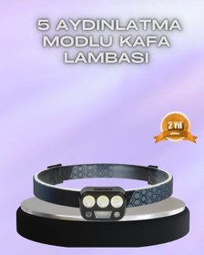 Resim El Hareket Sensörlü Led Kafa Feneri 5 Mod Ayarlanabilir Siyah 