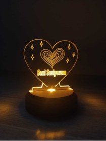 Resim Elfora Işıklı Kalp Kişiye Özel 3d Ahşap Tabanlı Sevgiliye Hediye 