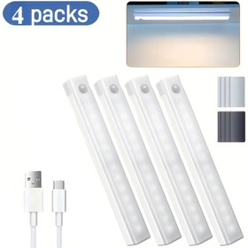 Resim Kurulum Gerektirmez 4 Adet USB Şarj Edilebilir LED Sensörlü Işık Seti, Koridorlar, Mutfaklar, Merdivenler, Yatak Odaları ve Ev Için Gece Işığı Olarak Uygun. 