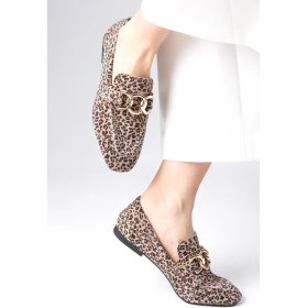Resim Mio Gusto Myrcella Süet Bej Renk Leopar Desenli Zincir Aksesuarlı Küt Burunlu Kadın Loafer Ayakkabı 