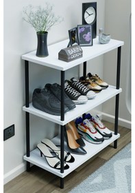 Resim 3 Katlı Ayakkabılık Raf - Çevir Tak Sistemli Kolay Kurulum Metal Gövde Ahşap Raflı Organizer Beyaz 