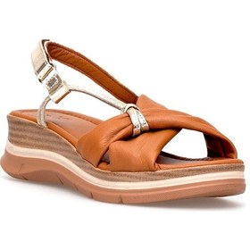 Resim Elit Zeyn 8066 Kadın Hakiki Deri Dolgu Topuk Sandalet Taba Taba 