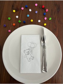 Resim Gümüş Yaldızlı Beyaz Sevimli Ayı Baskılı Garson Katlama Peçete 16 Adet 