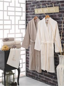 Resim Cotton Box Nakışlı Aile Bornoz Seti - Krem Toprak 