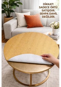 Resim Çeyizlik Gold Yuvarlak Orta Sehpa Örtüsü Paralel Çizgili, Dantelli, Pvc Altın 