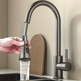 Resim Paslanmaz Çelik Tek Delikli Mutfak Musluğu - Fırçalanmış Siyah/Mat, Vana Göbeği ve Parlatılmış Ağızlık, Doğrudan Bağlantı (G1/2) - Sağlam Modern/Klasik Çiftlik Evi Lavaboları İçin Püskürtmeli Duşa Kafesi Dahil Değildir 