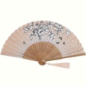 Resim 1 adet Tül ile Şık El Tipi Fan - Geleneksel Japon ve Çin Tarzı, Vintage Şık, Bej Renkli Çiçek ve Kuş Desenli, Düğünler, Partiler ve Hediyeler İçin Mükemmel, Parti Aksesuarı, Çiçek Desenli, İncelikli El Sanatı 