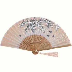 Resim 1 adet Tül ile Şık El Tipi Fan - Geleneksel Japon ve Çin Tarzı, Vintage Şık, Bej Renkli Çiçek ve Kuş Desenli, Düğünler, Partiler ve Hediyeler İçin Mükemmel, Parti Aksesuarı, Çiçek Desenli, İncelikli El Sanatı 