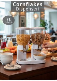 Resim 2 Li Cornflakes Dispenseri 7 L Çift Hazneli Müsli Granola Kuruyemiş Kahvaltı Tahılları Sunum Aparatı Beyaz 