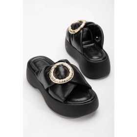 Resim Dilimler Ayakkabı Büyük Tokalı Kalın Taban Cilt Siyah Kadın Dolgu Topuk Terlik 