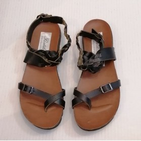 Resim Butik Tülin Kadın Hakiki Dana Derisi Siyah Örgü Bilekten Bantlı Eva Tabanlı Baş Parmak Sandalet 