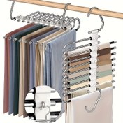 Resim Kaymaz kaplamalı, paslanmaz çelik tasarımlı, dar kot pantolonlar ve denim için uygun, dağınıklığı %80 azaltan 9 katlı yer tasarruflu metal pantolon askısı, 5 kancası içerir 
