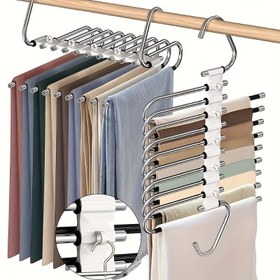 Resim Kaymaz kaplamalı, paslanmaz çelik tasarımlı, dar kot pantolonlar ve denim için uygun, dağınıklığı %80 azaltan 9 katlı yer tasarruflu metal pantolon askısı, 5 kancası içerir 