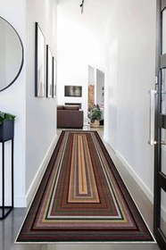 Resim Pelangi Renk Bloklu Kilim Desenli Etnik Dijital Baskı Yıkanabilir Modern Salon Halı ve Yolluk, Kahverengi 80 x 600, 9554613806007 