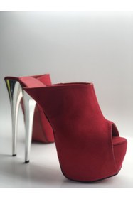 Resim HAYYSHOES Kırmızı Süet Sabo Hakiki Deri Astarlı Platform Topuklu Ayakkabı Sandalet 