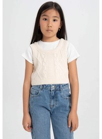 Resim DeFacto Kız Çocuk Örgü Desenli Crop Triko Süveter C6931A824AUER233 Ekru 