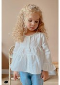 Resim Oliventhekid Beyaz Vual Önden Düğmeli Robadan Büzgülü Kol Ucu Fırfırlı Kız Çocuk Gömlek Beyaz Beyaz 