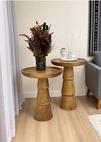 Resim ASELYA HOME Doğal Ahşap 2’li Set Mantar Yan Sehpa Modern Fiskos Zigon Çiçeklik 