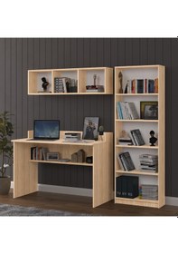 Resim Asra Trend Çalışma Masası Seti ÇMT001 %100 MDF Kitaplıklı Raflı Ofis Takımı Sonoma 