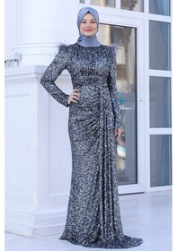 Resim Raika Moda Parıltılı Kol Tüy Detaylı Şura Tesettür Büyük Abiye Antrasit 