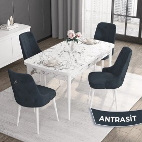 Resim Canisa Concept Noa Serisi,80 x 132 cm Açılabilir Mdf Masa,beyaz Mermer Desen Mutfak Masa Takımı, 4 Sandalye Gümüş Halkalı 