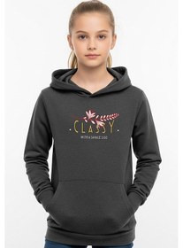 Resim Kanguru Cepli Kapüşonlu Kız Çocuk Sweatshirt Classy Yazı Baskılı Füme 