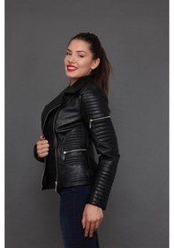 Resim Hakiki Deri Siyah Işlemeli Mıchaels Kadın Ceket Siyah 