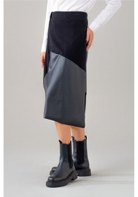 Resim Kadın Siyah Suni Derli Kombinli Beli Lastikli Likralı Örme Kumaş Etek Siyah 