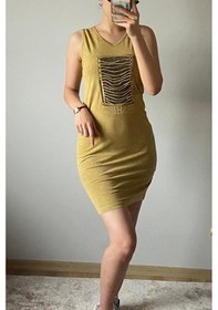 Resim Mia Butik Kadın V Yaka Kare Pul Payetli Hardal Elbise-977 Hardal 
