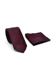 Resim Gaffy Lacivert Şal Desenli Bordo Dokuma Kumaş Mendilli Slim Fit Kravat // Sdk-2507-3 Bordo 