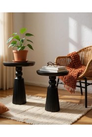 Resim AYLESA Doğal Ahşap 2’li Set Siyah Mantar Yan Sehpa Modern Fiskos Zigon Çiçeklik 