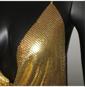 Resim Hazego Parlak Gold Crop & Bluz Kolsuz Kayık Yaka Zırh Büstiyer Std 
