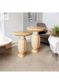 Resim Wood Wooden Ahşap 2 Li Set Fitilli Mantar Yan Sehpa Modern Fiskos 