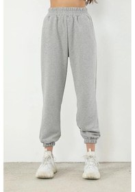 Resim Düz Basic Eşofman Altı Jogger - Gri Lastik Paça Yüksek Bel Gri-260049 