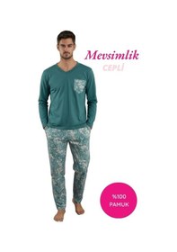 Resim Erkek Desenli Düğmesiz V Yaka %100 Pamuk Mevsimlik Uzun Kol Cepli Pijama Takımı Yeşil 