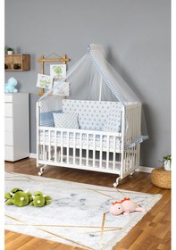 Resim Ahşap Beşik Anne Yanı Beşik Beyaz 60x120 - Mavi Yıldız 1 Yastıklı Uyku Seti + Yataklı + Tekerlekli Beyaz 