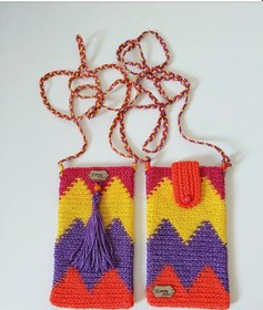 Resim Kemzey Handmade Wayuu Telefon Çantası, El Yapımı Örgü Telefon Çantası Mor - Turuncu 