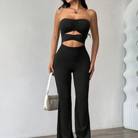 Resim Kadınların Şık Siyah Kesikli Crop Top Tulumu - Polyester, Omuz Üstü, Örgü Kumaş, Yaz Modası, Yetişkin Beden, Rahat Kıyafet|Modern Moda Tulumu|Polyester Tulum 
