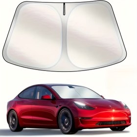 Resim Tesla Model Y/3 için Araç Cam Güneşlik - Geliştirilmiş UV Koruma Kumaşı ile Katlanabilir Ön Pencere Güneşliği, 2016-2025 Tesla Model 3/Y için Profesyonel Aksesuarlar ve Depolama Çantası 