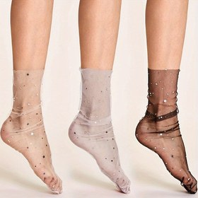 Resim 3 Çift Kadın Sekin Mesh Çorap, %70 Polyester %30 Poliamid, Nefes Alabilir Örgü Kumaş Şeffaf Dantel Çorap, Tek Renk El Yıkamalı Çorap 