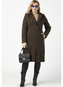 Resim 928 Haki Ön Kol Fermuar Detaylı Büyük Beden Kaşe Kaban Haki 