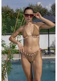 Resim Koyu Bej Deniz Kabuğu İşlemeli Örgü Bikini Takımı-koyu Bej Koyu Bej 
