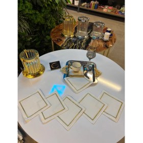 Resim Kokteyl Peçetesi, Gold Çerçeveli Desenli Kare Kahve Tepsisi Peçeteliği,6'lı Sunumluk Peçete 