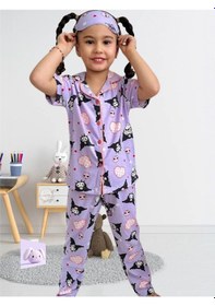 Resim Kız Çocuk Kedi Desenli Lila Mor Renk Kısa Kollu Pijama Takımı Lila 