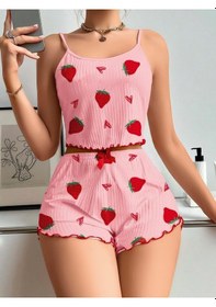Resim Kadın Pembe Çilek Desenli Şortlu Pijama Takımı 5056 Pembe 