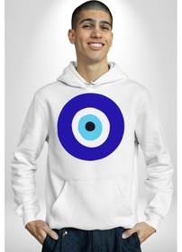 Resim Nazar Boncuğu Kadın Erkek Beyaz Kapüşonlu Sweatshirt Hoodie Beyaz 